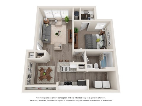 Floor plan for 1 bed, 1 bath, 697 sqft